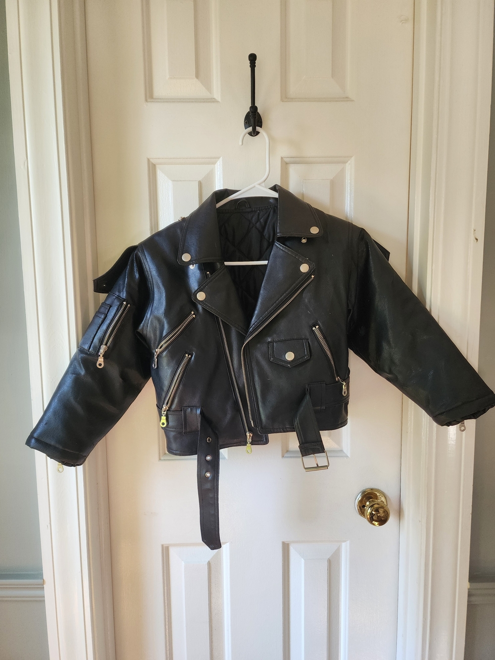 Kids Black Faux Leather Moto Jacket with Belt